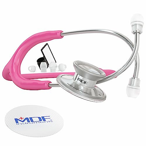 MDF Instruments, Acoustica Lätt Stetoskop för Läkare, Sjuksköterskor, Studenter, Hemsjukvård, Vuxen, Dubbelhuvud, Fuchsia Slang, Silver Bröststycke-Hörlursset, MDF747XP32