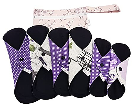 Lilind® Lila Paris Lot de 6 serviettes hygiéniques en tissu bio avec fermeture Éclair et poche imperméable 100 % coton