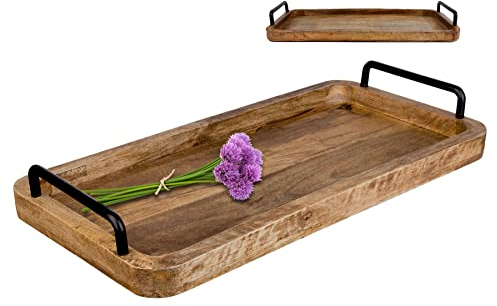 BigDean Serviertablett aus Mangoholz - 50 x 25 x 3 cm - Vintage Holz Tablett - UNIKAT - Holztablett mit Metall-Griffen - Küchentablett rechteckig
