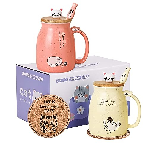 DONGSHANGIFT Juego de 2 tazas de gato Taza de Té Gato Taza de Cerámica con Tapa y Cuchara Kawaii Tazas para Mujer 500ml Navidad Cumpleaños Taza Regalo Gato (Rosa y amarillo)