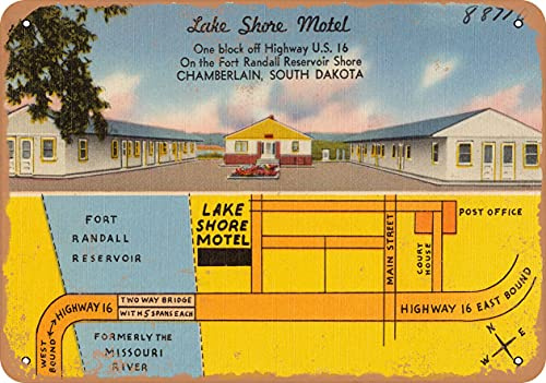7 x 10 METAL SIGN - South Dakota Postcard - Lake Shore Motel, one block off Highway U.S. 16, on the Fort Randall R - Vintage Rusty Look