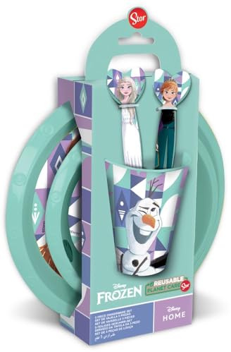 Disney Elsa Anna Olaf - Set di 5 alimenti per bambini, in plastica, colore: Lilla e Blu/Posate, colore: Azzurro