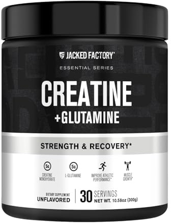 Jacked Factory Creatine + Glutamine - Creatine Supplement with L-Glutamine for Muscle Recovery, Muscle Growth, Increased Strength, Enhanced Energy Output, and Gut Health - 30 Servings, Unflavored