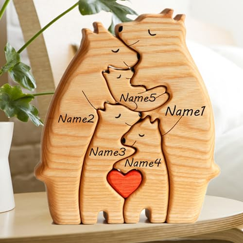 Personalisiertes Holzkunstpuzzle der Bärenfamilie, 2-7 Namen Benutzerdefinierte Holzbären Schnitzereien Familie Puzzle Geschenk, Desktop Ornament Home Tischdekoration für Familie Andenken Geschenke