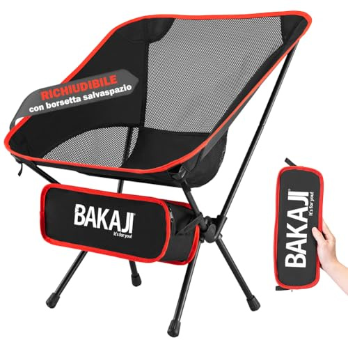 BAKAJI Sedia Campeggio Pieghevole, Portatile Sedia Pieghevole Ultraleggera con Borsa da Trasporto, Sedie Campeggio per Esterni, Giardino, Spiaggia, Pesca, Picnic, Viaggio, Escursioni