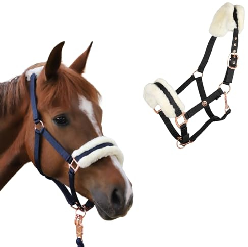 Marengos - Halfter Modern Rosé | Elegantes Halfter für Pferde | Pferdehalfter mit roségoldenen Beschlägen | mehrfache Verstellbarkeit an Genickstück & Kinnriemen | in Nachtblau | Warmblut