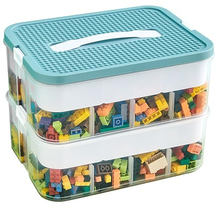 2 Strati Scatole Impilabili con Coperchio per Costruzioni mattoncini Contenitore Contenitori Portaoggetti per Bambini Scatola Giochi con Scomparti Organizer Puzzle per Riporre i Giocattoli