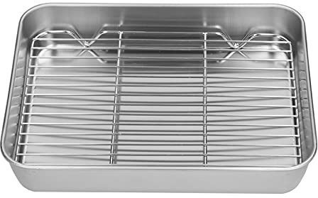 HAOHIZE Roasting Pan with Rack, Roasting Pan and Rack Set, Stainless Steel Baking Pans Non Stick Roaster Pan with Wire Rack for Cooking Ham, Chicken, Cake, Lasagna, Casserole (26.5 * 20.5 * 5CM)
