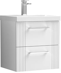Balterley Vanity Unit with Basin Wall Hung, 2 Drawer Soft Close with Mid Edge Sink and Handles, Bathroom Vanity Units with Basin, Partial Fluted Sink Cabinet - 510 x 390 x 540mm (White)