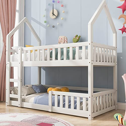 Laxnb Bunk Bed for Kids, 3ft Wooden House Twin Sleeper Single Bed 90x190 cm with Ladder and Guard Rail, House Bed Cabin bed Children's Castle-shaped Solid Wood Frame with Slats, No Mattress White-02