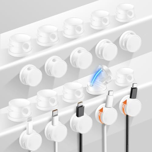 20PCS Clips Magnéticos para Cables, Soporte de Cable con Resorte Giratorio de 360°, Organizador de Cables de Escritorio, Sujetacables Adhesivo para Mesilla de Noche (Blanco 20 piezas)