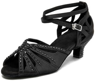 Women’s Ballroom Latin Salsa Dance Shoes, 2-Inch Low Heel, Comfortable with Rhinestones, Suede Sole, Lightweight, for Beginners, Practice, Social & Party Black 8.5