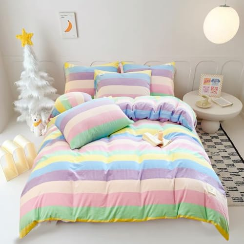 LOMUG Ropa para cama de niñas 135x200 Multicolor Rayas Arcoíris Algodón Ropa para cama infantil Arcoíris Funda nórdica para cama individual Set Funda nórdica reversible con cremallera y funda de