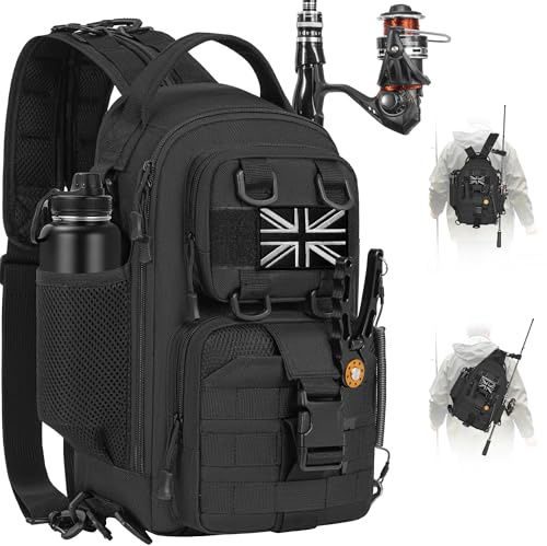 FREEAMG Fishing Backpack Tackle Sling Bag, Tactical Fishing Tackle Backpack with Rod & Gear Holder, Outdoor Fishing Pack Shoulder Bag for Camping Hiking Traveling Cycling(Black Small)
