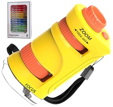 Microscopio para niños – 60 – 80 aumentos para niños con 12 portaobjetos, juguete científico educativo – para camping, escuela, aula, preescolar y hogar