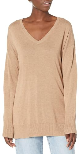Amazon Essentials Women's Lightweight V-Neck Tunic Sweater, Long Sleeve, Ribbed (Available in Plus Size), Camel Heather, Small