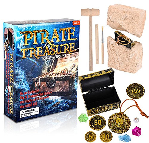 ArtCreativity Pirate Treasure Dig Kit for Kids - Gem Excavation Set with Digging Tools - Interactive Excavating Toys - Great Birthday Gift Idea, Contest Prize for Boys and Girls
