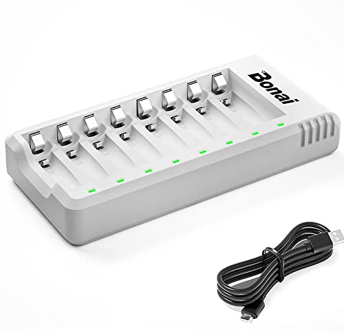 BONAI Cargador de Pilas Recargables AA AAA Inteligente Ni-MH Pilas Recargables Carga Rápida con 8 Ranuras Independientes, Puerto USB