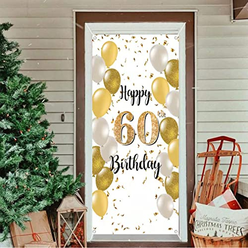 60. Geburtstag Deko Hintergrund Weiß und Gold Türdekoration Banner Stoff Schild 60. Geburtstag Party Willkommen Schild Plakat Mann/Damen Geburtstagsdeko