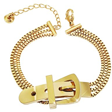 KristLand Dainty 18K Gold Plated Buckle Design Bracelets for Women Belt Chunk Chain Adjustable Box Hand Chain 6.3“+2” Jewelry for Birthday Gifts Gold Tone