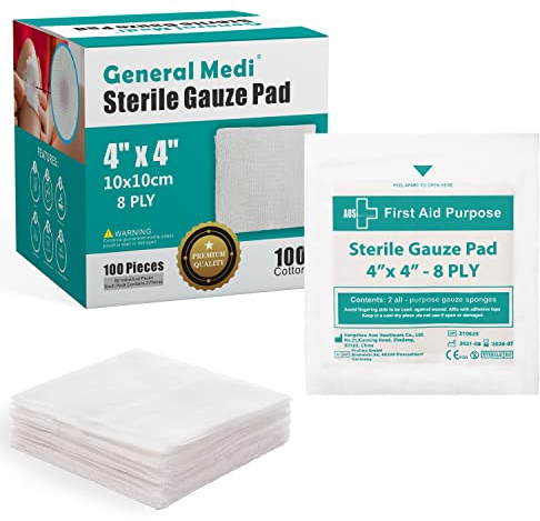 General Medi Sterile Gauze Pads – 4 x 4 Individually Wrapped Medical Gauze Pads for Cleaning and Cushioning Minor Wounds, Cuts & Burns Wound Care Product (50 Packs, 100 Pieces Total)