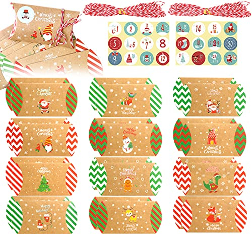 24 Stück Adventskalender zum Befüllen,Kissenform Geschenkbox,DIY Adventskalender Box,Aventskalender zum Basteln,Weihnachtskalender Box,Adventskalender Geschenkbox