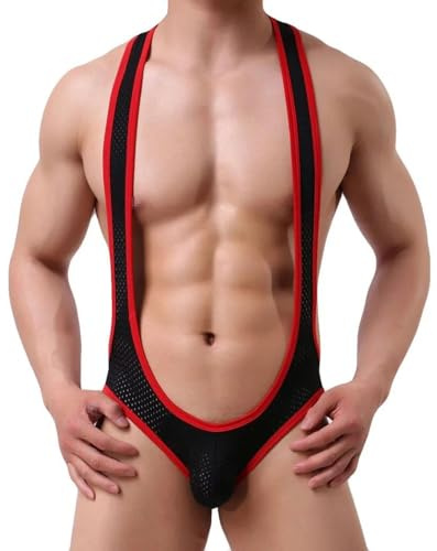 Tanga con Suspensorio de Malla Sexy para Hombre Tirantes, Disfraz Borat Mankini, Body Calzoncillos Transpirables, Ropa Interior Jockstrap, Traje Baño Una Pieza, Mono Lencería Tipo Bóxer (Negro)