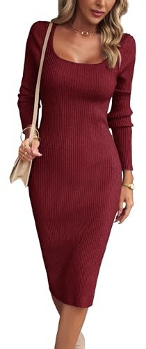 VOGMATE Women's Long Sleeve Bodycon Wool Dress Winter Chic Sexy U-Neck Wine XL