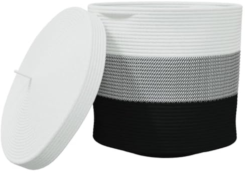 vidaXL Förvaringskorg med lock vit och svart Ø40x35 cm bomull, fruktkorg, äggkorg, leksaksförvaringskorg, leksakskorg, grönsakskorg