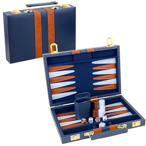 Gesserit Backgammon für 2 Spieler - Klassisches Brettspiel in Marineblau, tragbares Reise-Set, hochwertiges PU-Lederetui