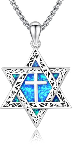 ABIGY Davidstern Halskette Davidstern Kette mit Kreuz 925 Sterling Silber Opal Anhänger Jüdischen Hexagramm Amulett Schmuck Geschenke für Damen Männer