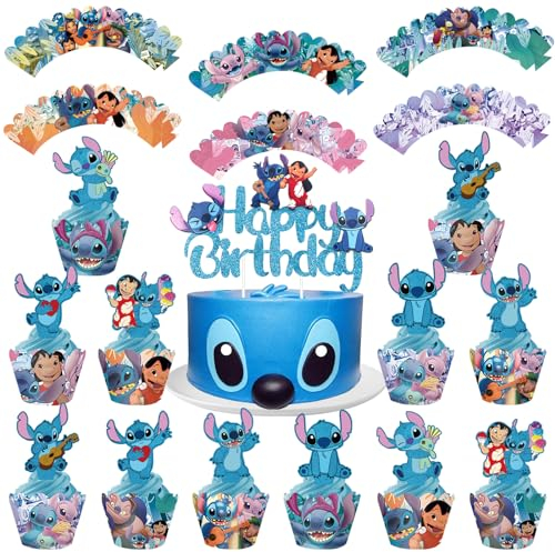 25 Stück Lilo Tortendeko, Happy Birthday Stitch Tortendeko Kuchen Deko Muffinförmchen Papier Geburtstagsdeko Geschenke Schulkind Geburtstag für Mädchen Jungen Kinder Cake Toppers Stit 25 Pcs