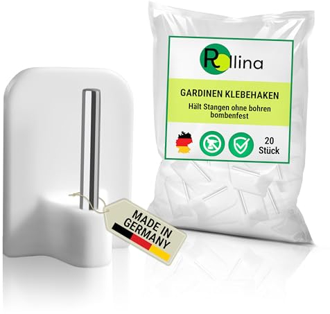 Rollina Klebehaken für Scheibengardinen (20 Stück, weiß) | Gardinenhaken für Gardinenstange ohne Bohren | Haken zum Einhängen | Fensterhaken, Gardinenhalter