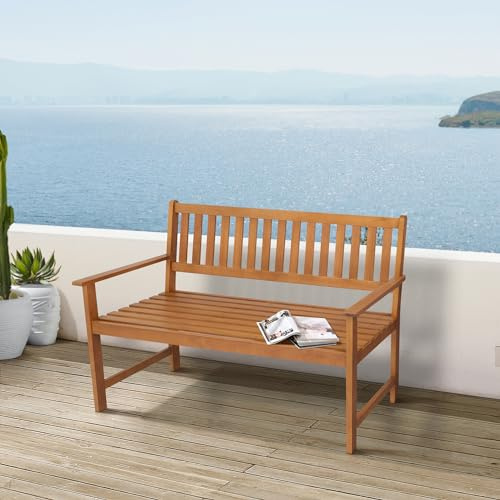 casa.pro Gartenbank Canzano Holzbank wetterfest 2-Sitzer Lehnenbank Outdoor Sitzbank mit Armlehnen Eukalyptusholz Friesenbank 120 x 58 x 90 cm