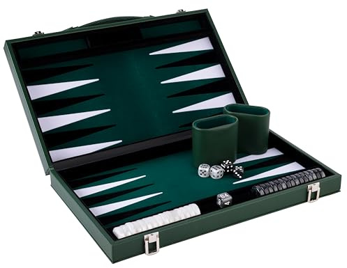 Engelhart - 250530 - Grand Jeu de Backgammon de Luxe 18 Pouces - Vert - Simili Cuir, Feutre Spécial, Dés et Jetons Nacrés - 2 Gobelets - Haut de Gamme Pro et Loisirs - Ouvert : 56 x 47 x 2,8 cm