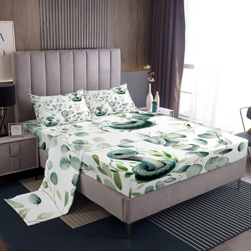 Erosebridal Cute Snake Sheet Set for Kids Child Green Eucalyptus Bed Sheets Set, Wild Animal Twin Sheets Botanical Plant Leaves Bed Set, Cartoon Wildlife Top Sheet