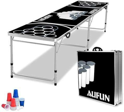 QEENTOE Beer Pong Tisch inkl. 100 Becher (50 Rot & 50 Blau), 5 Bälle Bierpong-Tisch Trinkspiel Höhenverstellbar Klappbar mit Tragegriffen Partyspiele Table Classic Party Spiel