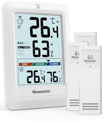 Newentor MAX MIN Thermometer innen außen 24/48 Std./alle Zeiten - Hygrometer Innen mit Luftkomfort - Wetterstation Funk mit Außensensor - Raumthermometer mit Beleuchtung, Weiß, 3*Außensensor