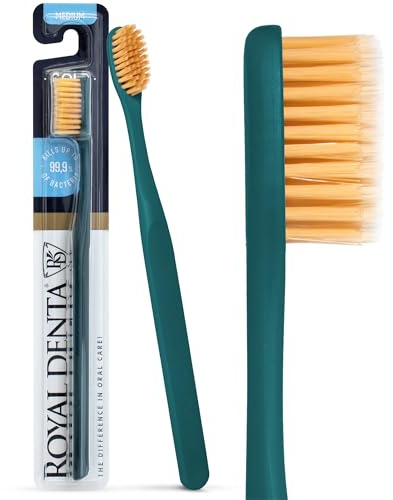 Royal Denta Manual Toothbrush, Medium Hard Firm Bristles for Adults, Dual Length Gold Infused Plaque Removing Tooth Brush, Soft on Gums & Teeth, Made in Korea (Teal)