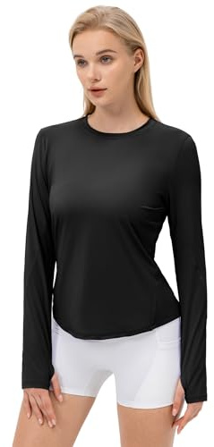 HANERDUN Maglietta Sportiva a Maniche Lunghe da Donna Top Activewear UPF 50+ Protezione Solare UV Magliette da Allenamento Running Outdoor Gym Hiking con Foro per Il Pollice
