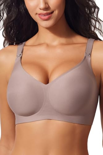 ZUMIY Nursing Bra for Maternity Breastfeeding, Ultra Soft Comfort Seamless Pregnancy Bra, Adjustable Wide Straps Removable Pads Wireless Night Sleep Bralette (L,Brown)