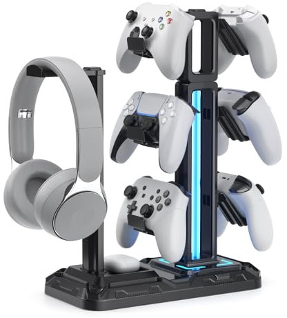 KDD Soporte Auriculares Gaming con 9 Modos de Luz - Universal Soporte Mando & Cascos Porta Auriculares Mesa Giratorio con 6 Gancho Controlador Desmontables para Escritorio Gamer Accesorios Gaming PC