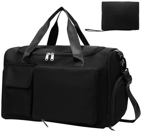 Comzantor Bolsa de Viaje, Deporte Gimnasio con Compartimento Zapatos, Impermeable, Mujer y Hombre para Viajes, Deportes, Fitness(Negro)