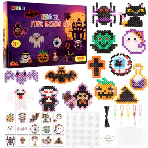 EIKEJI Juego de perlas grandes de 10 mm para Halloween, 1500 unidades de perlas XL con placas, 21 colores maxi perlas para planchar, 15 patrones y papel de planchado, perlas XL para planchar, juego