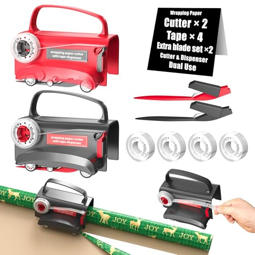 Vasmeiy Cortador de papel de regalo para rollos, 1 cortador de papel portátil con ruedas, viene con 4 cintas adhesivas y 2 cuchillas intercambiables, para papel de regalo, cumpleaños, navidad, etc