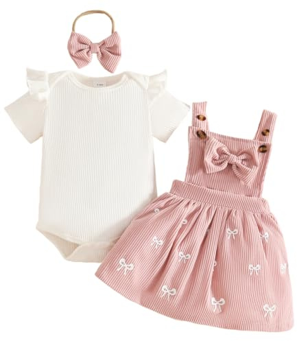 LUVCES Ensemble Nouveau-né Fille Jupe à Bretelles en Velours Côtelé + Haut Côtelée avec Cœur + Bandeau 3Pcs Jolie Vêtements d'Automne Hiver Été