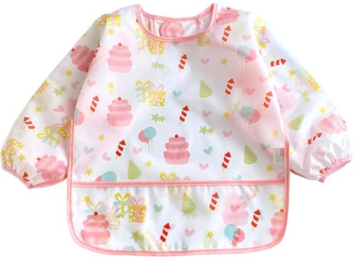MUNZE 1X Bavoir Manchés Longues Bébé - Bavette Sevrage Matière Douce Imperméable Rose Cake Facile Nettoyer Lavable Machine M