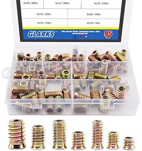 Glarks 95Pcs Zinc Alloy Hex Flanged Screw-in Nut Hex Socket Drive Threaded Insert Nuts Assortment Set for Wood Furniture