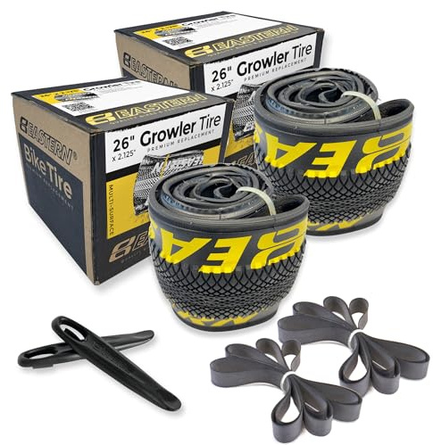 Growler Tire 26 x 2.125 Inch Tire Replacement Kits with or Without Inner Tubes. Includes Tools. Fits Bicycles with 26 x 1.75 or 26 x 2.125 Rim or Wheels. (Yellow Logo, 2 Pack Without Tubes)