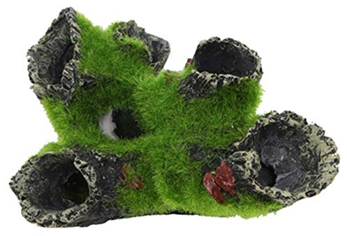 Aquarium Rock Cave Dekoration mit Grün Gras für Fische Garnelen Verstecken Aquarium Dekoration Harz Aquarium Zubehör,Aquarium Harz Höhle Mountain View Moos Baum Haus